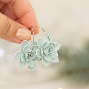 Ready to ship Blue Succulent Flower hoop earrings from polymer clay, 100% handmade zdjęcie 6