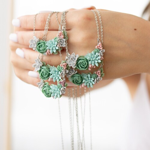 Collier bouquet succulent, bijoux de mariage botaniques, pendentif floral bleu-vert pour demoiselle d'honneur