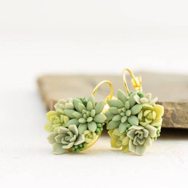 Green Succulent Drop Earrings – Handmade Polymer Clay Jewelry, Nature Inspired Earrings, Hypoallergenic Earrings, Lightweight Gift for Her