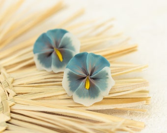 Blue Grey Pansy Earrings Stud earrings - Flower Stud Earrings Jewelry, Hypoallergenic Studs