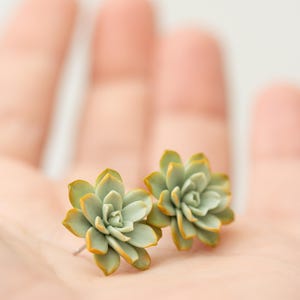 Puede incluir: Un par de pendientes de suculentas verdes y amarillas. Los pendientes están hechos de arcilla polimérica y tienen forma de pequeñas suculentas.