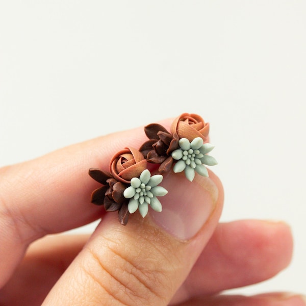 Succulent Stud Earrings – Brown & Blue Botanical Design