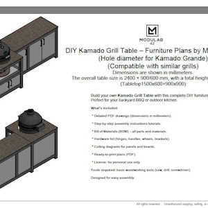 May include: A digital document titled DIY Kamado Grill Table Furniture Plans by ModuLab 42. It displays two isometric views of a grill table with a dark countertop and gray cabinets. Text specifies dimensions of 2400 x 900/600 mm and 910 mm height.
