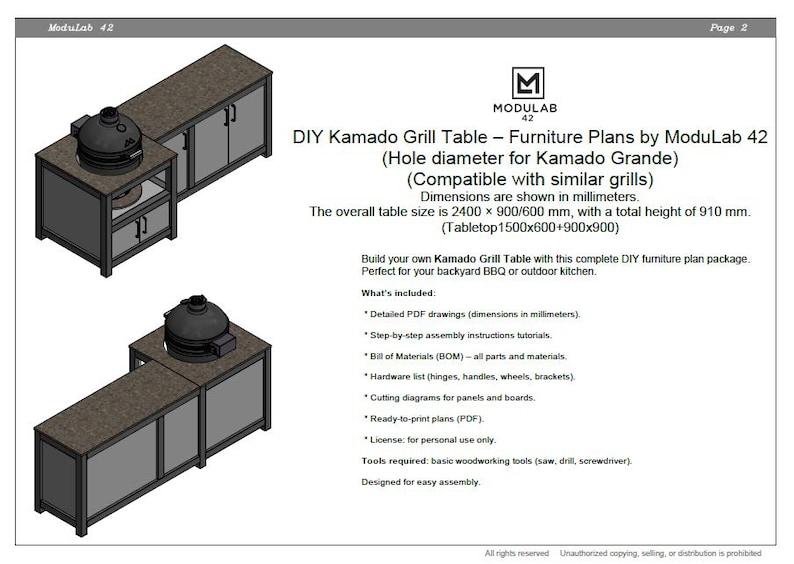May include: A digital document titled DIY Kamado Grill Table Furniture Plans by ModuLab 42. It displays two isometric views of a grill table with a dark countertop and gray cabinets. Text specifies dimensions of 2400 x 900/600 mm and 910 mm height.