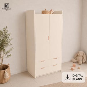 May include: A tall, off-white wardrobe featuring two vertical doors with slim handles and two horizontal drawers at the bottom. The top surface holds a small woven basket and a wooden house-shaped ornament. Text in the image reads MODULAB 42 and DIGITAL PLANS.