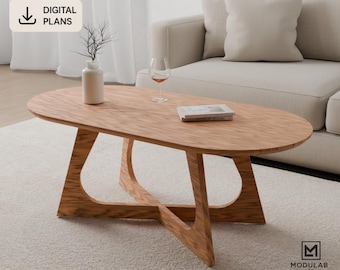 Ovale salontafelplattegronden | Modern houtbewerkingsproject (digitale download) pdf, dxf, step, dwg