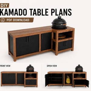 May include: DIY Kamado Table Plans PDF download featuring a wooden cabinet with black doors and a black kamado grill on top. The image displays front and open views of the furniture, showing internal shelving and storage compartments for grill tools.