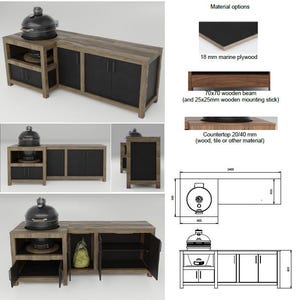 May include: A wooden outdoor kitchen island with a black kamado grill, featuring dark cabinet doors, open shelving, and technical diagrams showing 18 mm marine plywood, 70x70 mm wooden beams, 25x25 mm mounting sticks, and a 20/40 mm thick countertop.