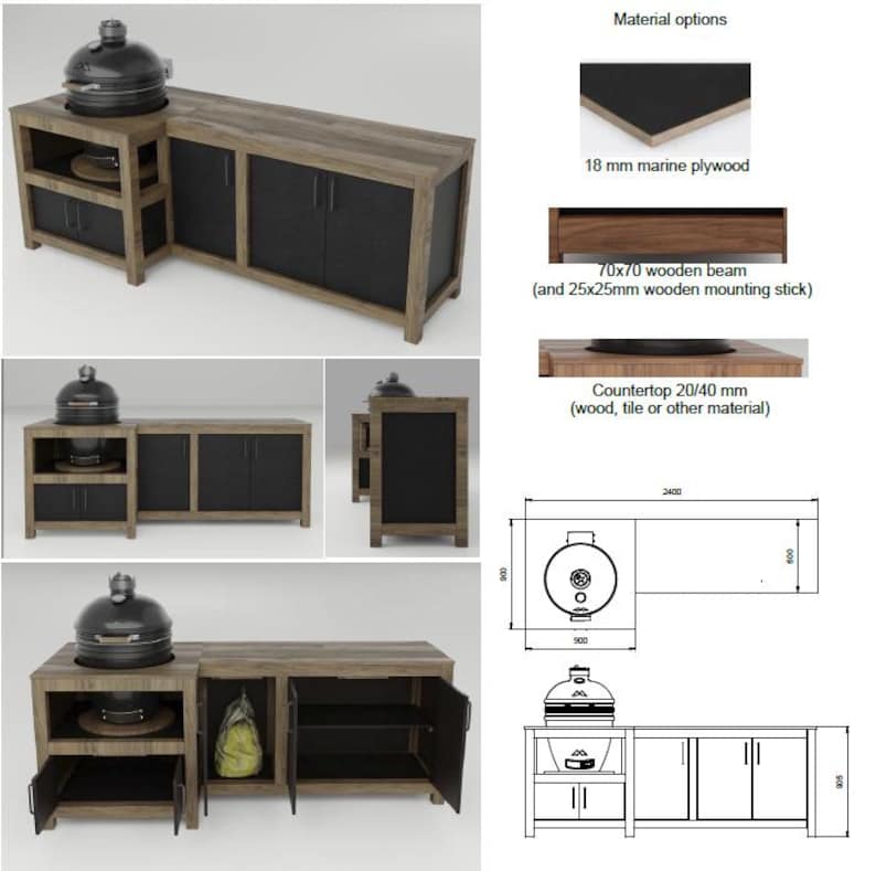 May include: A wooden outdoor kitchen island with a black kamado grill, featuring dark cabinet doors, open shelving, and technical diagrams showing 18 mm marine plywood, 70x70 mm wooden beams, 25x25 mm mounting sticks, and a 20/40 mm thick countertop.