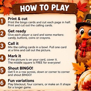 May include: A printed instruction sheet titled HOW TO PLAY with six numbered steps for a bingo game. The text explains how to print, cut, and play the game. A cartoon turkey wearing a black hat and a pumpkin are visible on the right side.