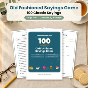 May include: A printable Old Fashioned Sayings Game featuring 100 classic sayings in large print. The document includes an answer key and a group reading list, with a teal cover page displaying icons of a radio, coffee, yarn, sunflower, and books.
