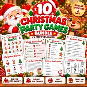 May include: A 10 Christmas Party Games bundle featuring printable activity sheets including Bingo, Trivia, Charades, Scavenger Hunt, Word Scramble, and Pictionary. The graphics display Santa Claus, a reindeer, and festive holiday icons.