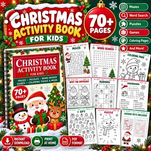 May include: A Christmas activity book for kids featuring 70+ pages of mazes, word searches, puzzles, games, and coloring pages. The cover displays a Santa Claus, a snowman, and a reindeer with a Christmas tree and presents.