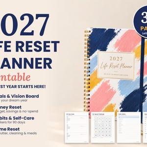 May include: A 2027 Life Reset Planner printable with a spiral binding and a cover featuring abstract navy, pink, and yellow brushstrokes. The text reads 2027 Life Reset Planner, 36 Pages, Letter + A4, and Your Best Year Starts Here.