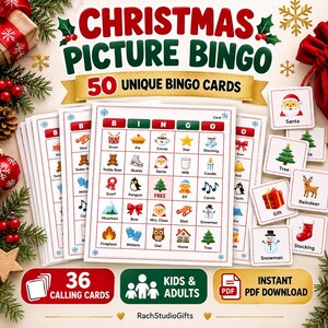 May include: A Christmas Picture Bingo game set featuring 50 unique bingo cards and 36 calling cards. The cards display colorful holiday icons like Santa, reindeer, and snowmen. The text reads Christmas Picture Bingo, 50 Unique Bingo Cards, 36 Calling Cards, Kids & Adults, and Instant PDF Download.