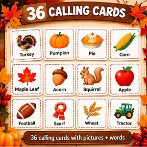 May include: A set of 36 calling cards featuring autumn-themed illustrations and labels including Turkey, Pumpkin, Pie, Corn, Maple Leaf, Acorn, Squirrel, Apple, Football, Scarf, Wheat, and Tractor, arranged on a wooden board with fall foliage.