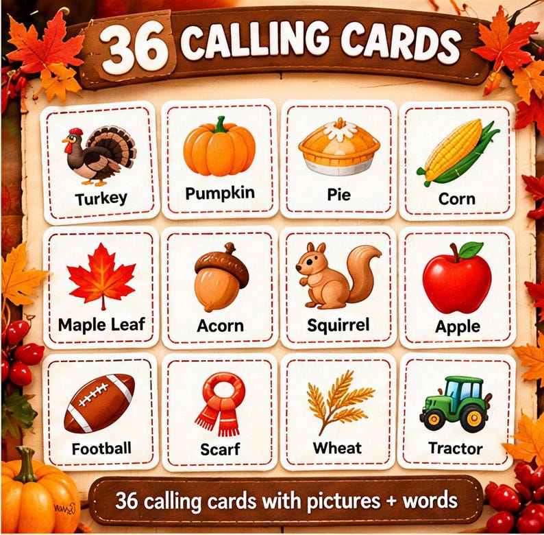 May include: A set of 36 calling cards featuring autumn-themed illustrations and labels including Turkey, Pumpkin, Pie, Corn, Maple Leaf, Acorn, Squirrel, Apple, Football, Scarf, Wheat, and Tractor, arranged on a wooden board with fall foliage.