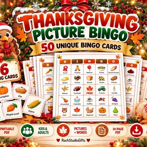 May include: A Thanksgiving Picture Bingo game set featuring 50 unique bingo cards and 36 calling cards. The cards display colorful illustrations of seasonal items like pumpkins, turkeys, and corn. The text reads Thanksgiving Picture Bingo.