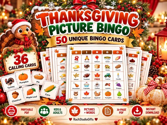 Thanksgiving Bingo Printable, 50 Unique Picture Bingo Cards, Holiday Party Game for Kids and Adults, Instant PDF Download