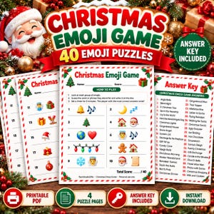 May include: A Christmas Emoji Game printable activity set featuring 40 emoji puzzles, instructions, and an answer key. The sheets include numbered lists with various holiday-themed emojis like bells, trees, and Santa Claus icons.