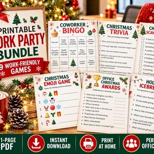May include: A printable work party bundle featuring nine Christmas-themed games including Coworker Bingo, Christmas Trivia, a Scavenger Hunt, an Emoji Game, Office Christmas Awards, and Holiday Icebreakers, all displayed on white paper.