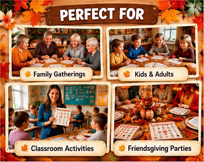 May include: A collage of four images featuring people using printed game sheets. Text includes "PERFECT FOR", "Family Gatherings", "Kids & Adults", "Classroom Activities", and "Friendsgiving Parties". The border is decorated with autumn leaves.