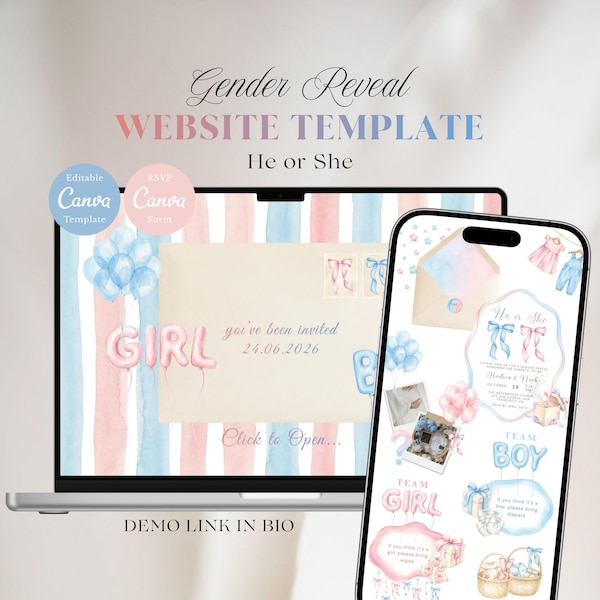 Er oder Sie Gender Reveal Einladung Website Template mit Antwortkarten | Bearbeitbare Canva Einladung