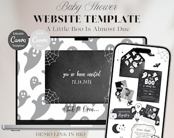 Little Boo Is Almost Due Baby Shower Website Template with RSVP, Spooky Ghost Halloween Editable Canva E- Invite