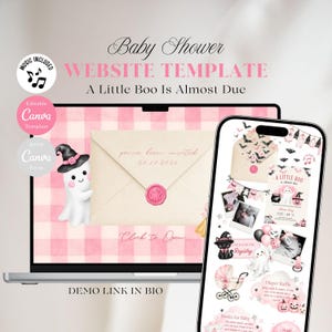 May include: A digital baby shower website template featuring a pink gingham background, a white ghost wearing a witch hat, and an envelope with a wax seal. The text reads Baby Shower WEBSITE TEMPLATE A Little Boo Is Almost Due.