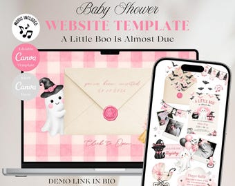 Op de afbeelding: Een digitale babyshower website template met een roze gingham achtergrond, een witte geest met een heksenhoed en een envelop met een waszegel. De tekst luidt Baby Shower WEBSITE TEMPLATE A Little Boo Is Almost Due.