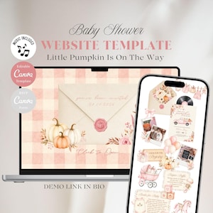May include: A digital baby shower website template displayed on a laptop and smartphone screen. The design features a pink gingham background, watercolour pumpkins, floral accents, and an envelope graphic with the text Little Pumpkin Is On The Way.