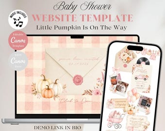 Puede incluir: Una plantilla de sitio web para baby shower mostrada en una pantalla de portátil y smartphone. El diseño presenta un fondo de cuadros rosas, calabazas en acuarela, detalles florales y un sobre con el texto Little Pumpkin Is On The Way.