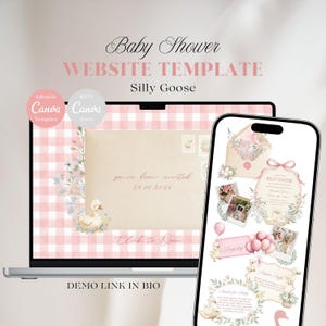 May include: A baby shower website template displayed on a laptop and smartphone. The design features a pink and white gingham pattern, floral accents, and the text "Baby Shower WEBSITE TEMPLATE Silly Goose." The smartphone shows invitation details.
