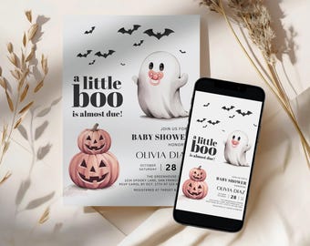 Pink Little Boo is bijna te wijten babyshoweruitnodiging, bewerkbare Halloween-sjabloon, schattige spookuitnodiging, herfstbabyfeestje uitnodigen, afdrukbaar