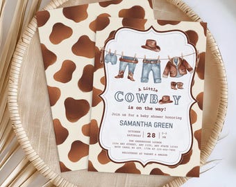 A Little Cowboy Is On The Way Baby Shower Invitation, Editable Cowboy Baby Shower Invite, Western Boy Baby Shower, Rodeo Clothesline Shower