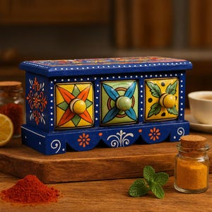 May include: A blue wooden spice box with three drawers, each adorned with colorful floral designs and a yellow knob. The box sits on a wooden surface, with spices and herbs in the background.