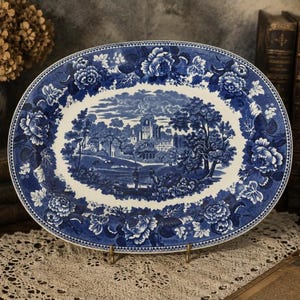 Vintage English Blue White Landscape Platter 36x27 cm, Etruria England Transferware Serving Plate, Wedgwood Style Decor