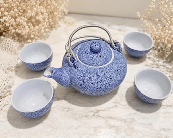 Vintage Japanese Blue Drip Glaze Tea Set – Teapot + 4 Cups – Handcrafted Stoneware, 1960s–1980s