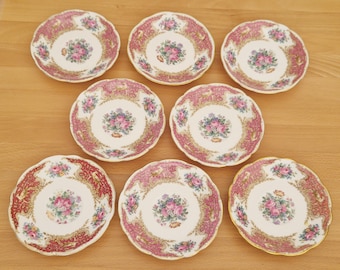 Precioso juego vintage de 8 platos/platillos de postre de la elegante colección "Montrose Pink" de Coalport, fabricado en Inglaterra.