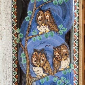 Vintage Heimberg Pottery Eulen-Wandrelief | Signierte Schweizer Keramikwerkstatt, Vogel-Dekorplakette, 15 x 30 cm