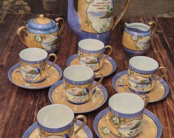 Set da caffè Mikori Japan Vintage blu e oro con uccelli e sakura