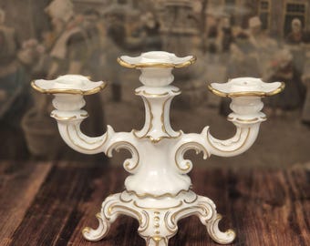 Chandelier vintage en porcelaine Hutschenreuther, bougeoir en or à 3 branches, bougeoir Bavaria blanc, décor baroque