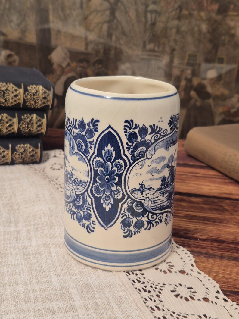 Vintage Heineken Delft Öl Stein 0,5L Handmålad Tillverkad i Holland Blå Delft Mugg bild 2