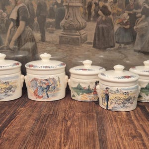 Vintage set med 5 kryddburkar med lock från Sarreguemines Obernai, fajans | Franska lantköksburkar | Tillverkad i Frankrike