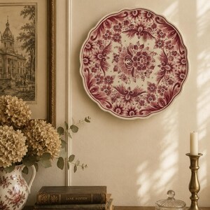 May include: A round ceramic wall plate with a scalloped edge, featuring a detailed floral pattern in deep burgundy red on a cream background. The intricate design includes symmetrical botanical motifs, swirling leaves, and blossoms.