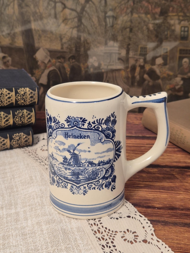 Vintage Heineken Delft Öl Stein 0,5L Handmålad Tillverkad i Holland Blå Delft Mugg bild 1