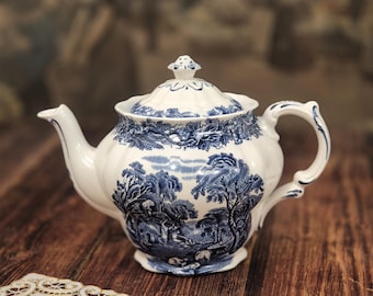 Vintage Booths Britische Landschaft Teekanne, blau weiße englische Transferware, hergestellt in England, Cottagecore Teekanne, Bauernhausdekor