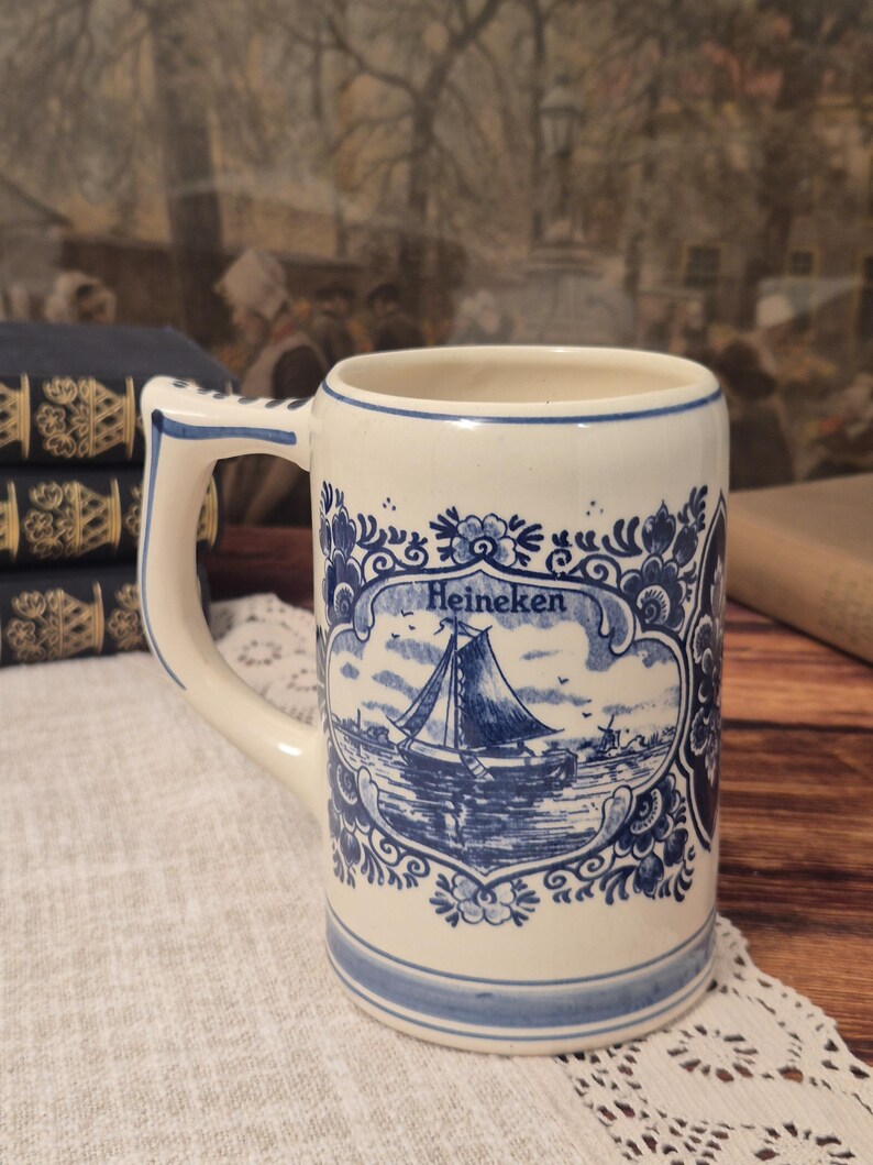 Vintage Heineken Delft Öl Stein 0,5L Handmålad Tillverkad i Holland Blå Delft Mugg bild 3