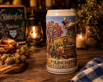 Vintage München Oktoberfest Öl Stein – 1 Liter Keramik Sejdel – Präglad Bayersk Scen