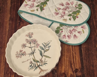 Juego de horno Villeroy & Boch Botanica, fuente para quiche botánica, fuente para hornear vintage con guante de horno a juego, decoración de cocina rústica.